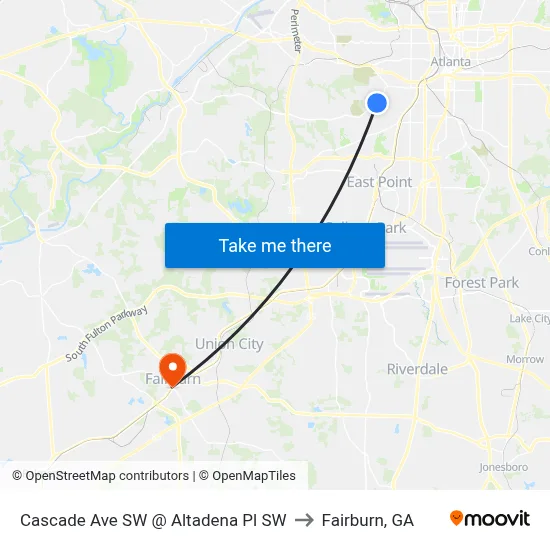 Cascade Ave SW @ Altadena Pl SW to Fairburn, GA map