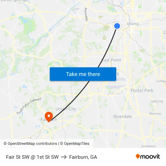 Fair St SW @ 1st St SW to Fairburn, GA map