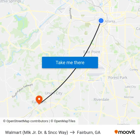 Walmart (Mlk Jr. Dr. & Sncc Way) to Fairburn, GA map