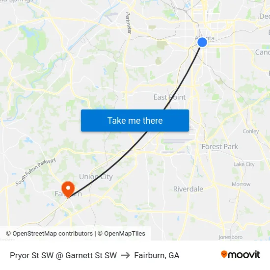 Pryor St SW @ Garnett St SW to Fairburn, GA map