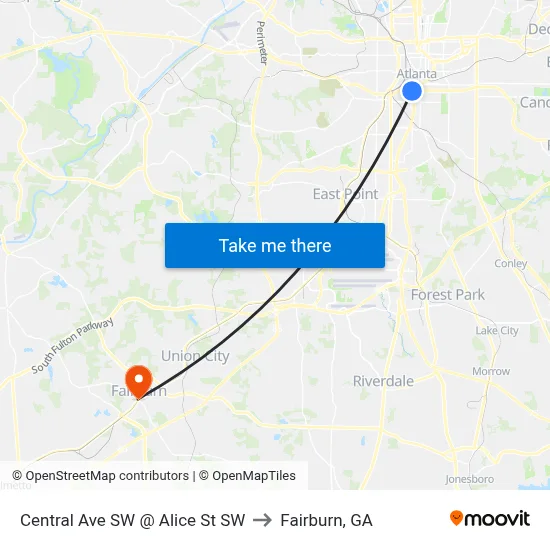 Central Ave SW @ Alice St SW to Fairburn, GA map