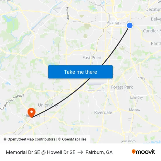 Memorial Dr SE @ Howell Dr SE to Fairburn, GA map