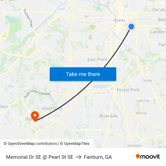 Memorial Dr SE @ Pearl St SE to Fairburn, GA map