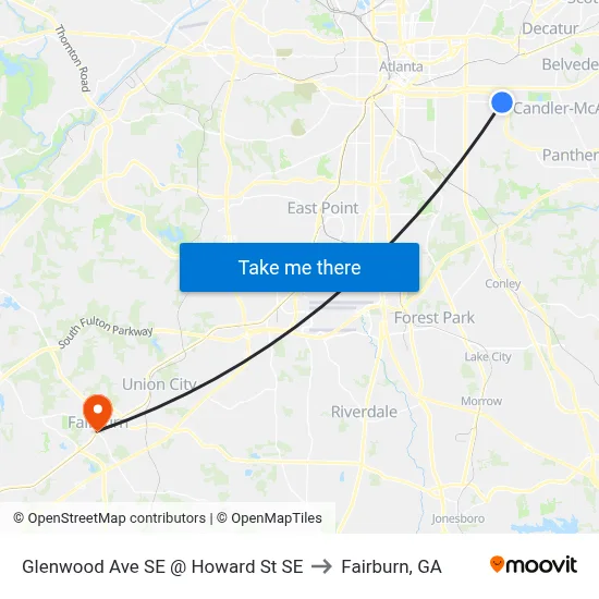 Glenwood Ave SE @ Howard St SE to Fairburn, GA map