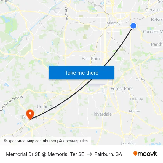 Memorial Dr SE @ Memorial Ter SE to Fairburn, GA map