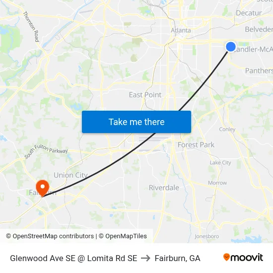 Glenwood Ave SE @ Lomita Rd SE to Fairburn, GA map
