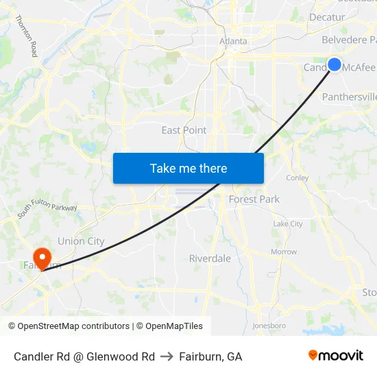Candler Rd @ Glenwood Rd to Fairburn, GA map