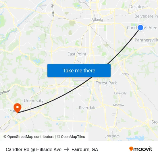 Candler Rd @ Hillside Ave to Fairburn, GA map