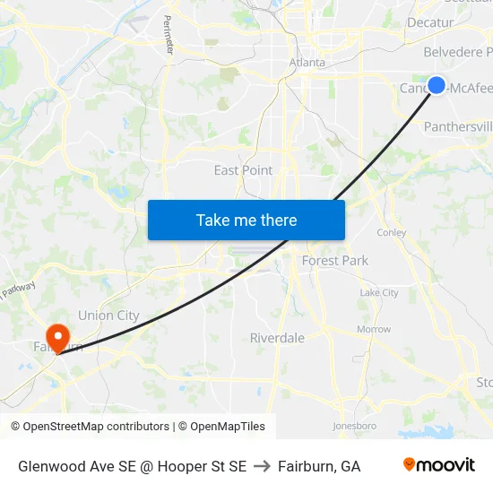 Glenwood Ave SE @ Hooper St SE to Fairburn, GA map