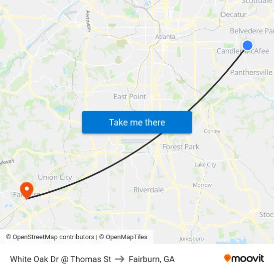 White Oak Dr @ Thomas St to Fairburn, GA map