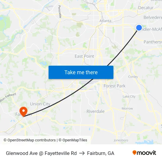 Glenwood Ave @ Fayetteville Rd to Fairburn, GA map