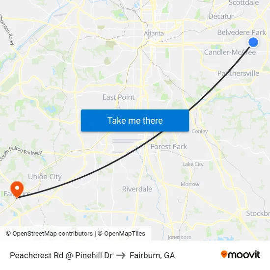 Peachcrest Rd @ Pinehill Dr to Fairburn, GA map