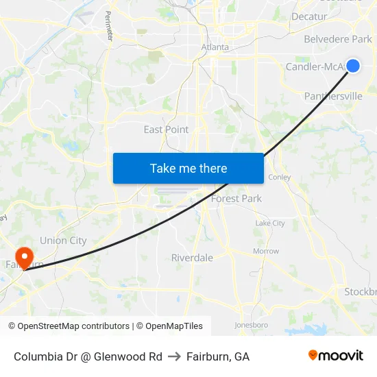 Columbia Dr @ Glenwood Rd to Fairburn, GA map