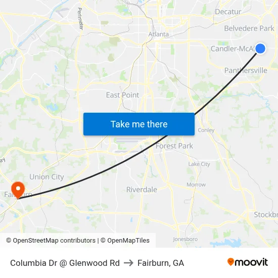 Columbia Dr @ Glenwood Rd to Fairburn, GA map