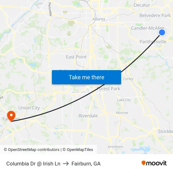 Columbia Dr @ Irish Ln to Fairburn, GA map