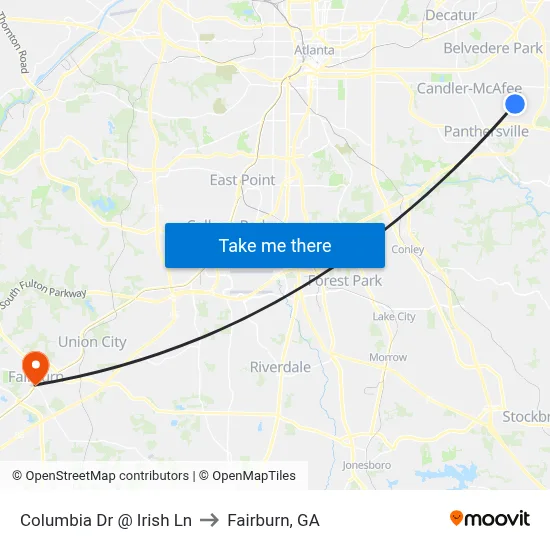Columbia Dr @ Irish Ln to Fairburn, GA map