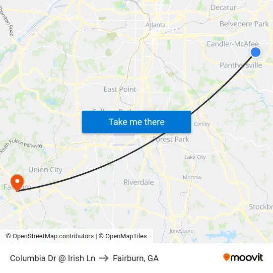 Columbia Dr @ Irish Ln to Fairburn, GA map