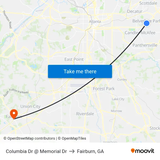 Columbia Dr @ Memorial Dr to Fairburn, GA map