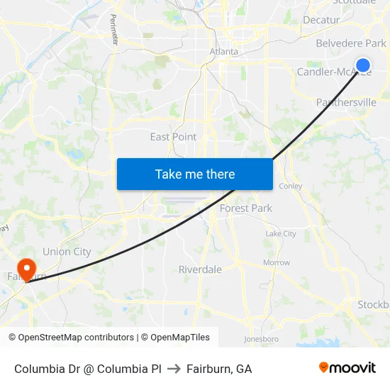 Columbia Dr @ Columbia Pl to Fairburn, GA map