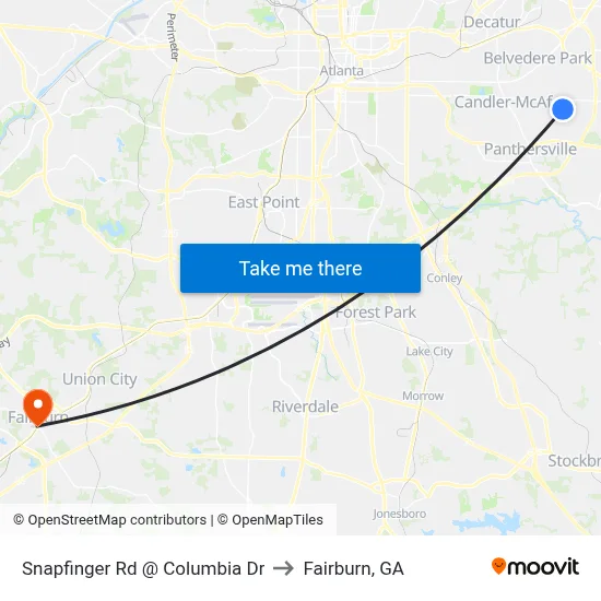 Snapfinger Rd @ Columbia Dr to Fairburn, GA map