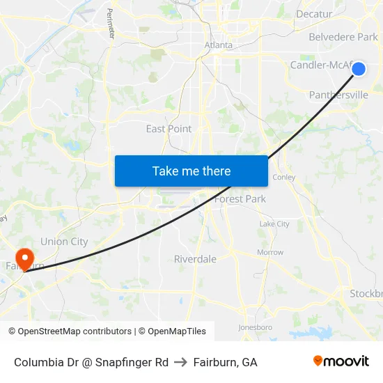 Columbia Dr @ Snapfinger Rd to Fairburn, GA map