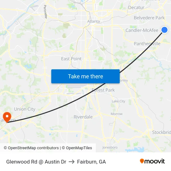 Glenwood Rd @ Austin Dr to Fairburn, GA map