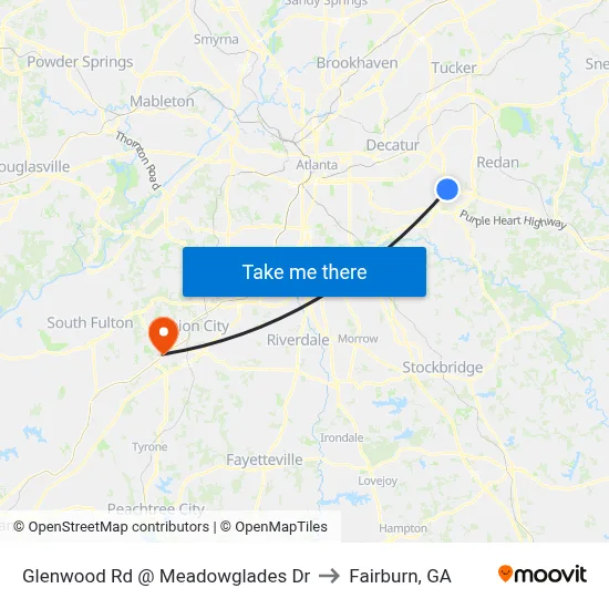 Glenwood Rd @ Meadowglades Dr to Fairburn, GA map