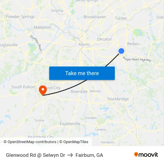 Glenwood Rd @ Selwyn Dr to Fairburn, GA map