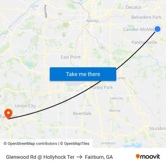 Glenwood Rd @ Hollyhock Ter to Fairburn, GA map