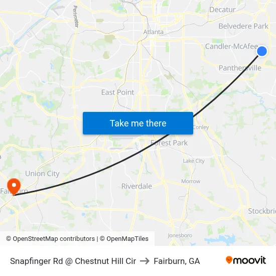 Snapfinger Rd @ Chestnut Hill Cir to Fairburn, GA map