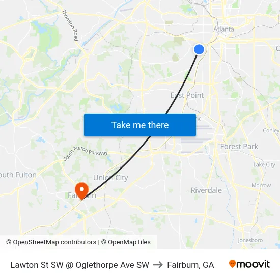 Lawton St SW @ Oglethorpe Ave SW to Fairburn, GA map