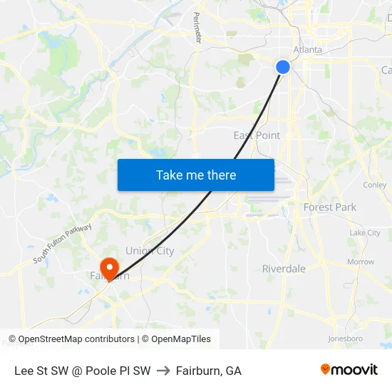 Lee St SW @ Poole Pl SW to Fairburn, GA map