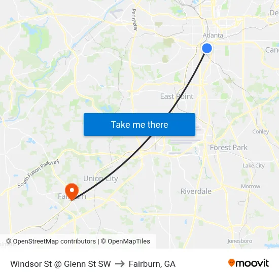 Windsor St @ Glenn St SW to Fairburn, GA map