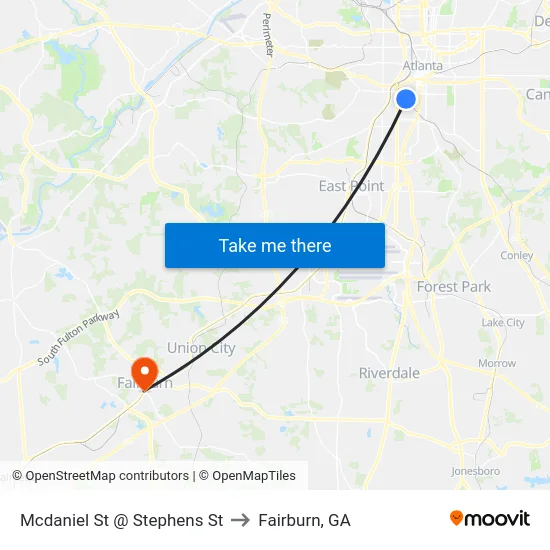 Mcdaniel St @ Stephens St to Fairburn, GA map