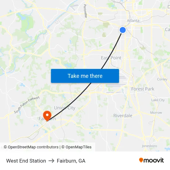 West End Station to Fairburn, GA map