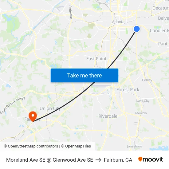 Moreland Ave SE @ Glenwood Ave SE to Fairburn, GA map