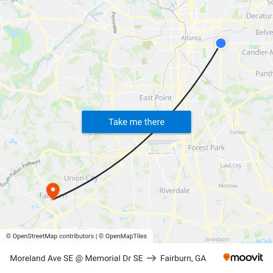 Moreland Ave SE @ Memorial Dr SE to Fairburn, GA map
