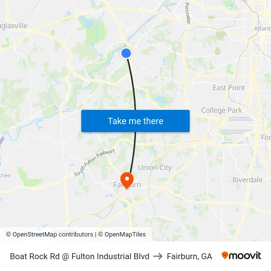 Boat Rock Rd @ Fulton Industrial Blvd to Fairburn, GA map