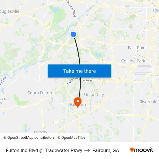 Fulton Ind Blvd @ Tradewater Pkwy to Fairburn, GA map