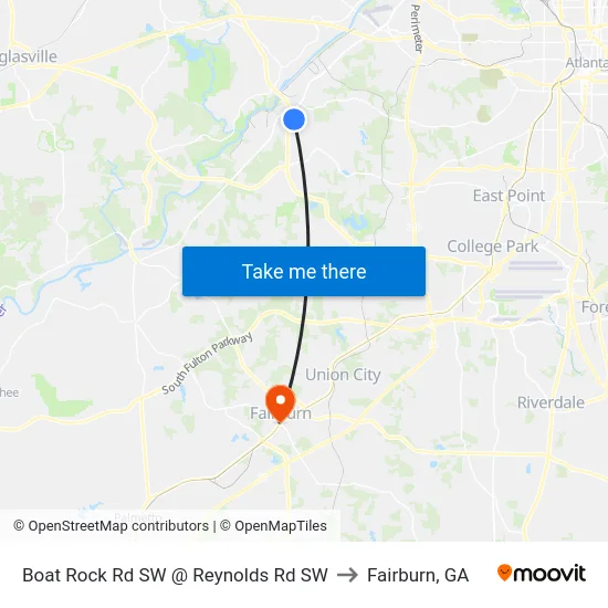 Boat Rock Rd SW @ Reynolds Rd SW to Fairburn, GA map
