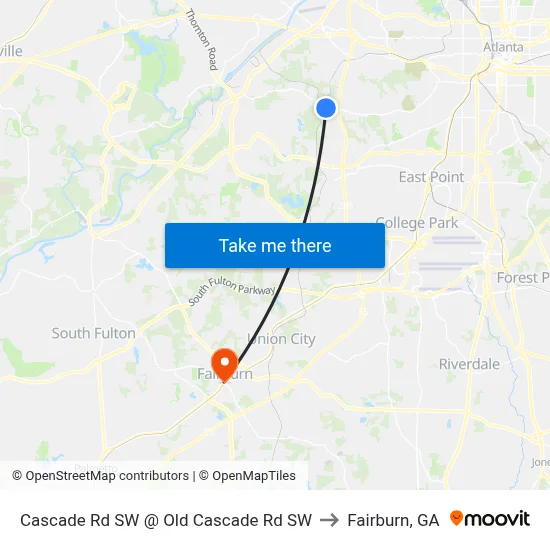 Cascade Rd SW @ Old Cascade Rd SW to Fairburn, GA map