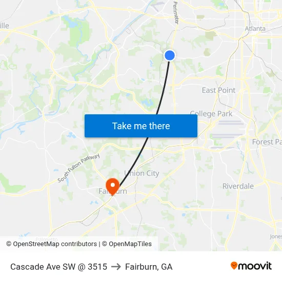 Cascade Ave SW @ 3515 to Fairburn, GA map