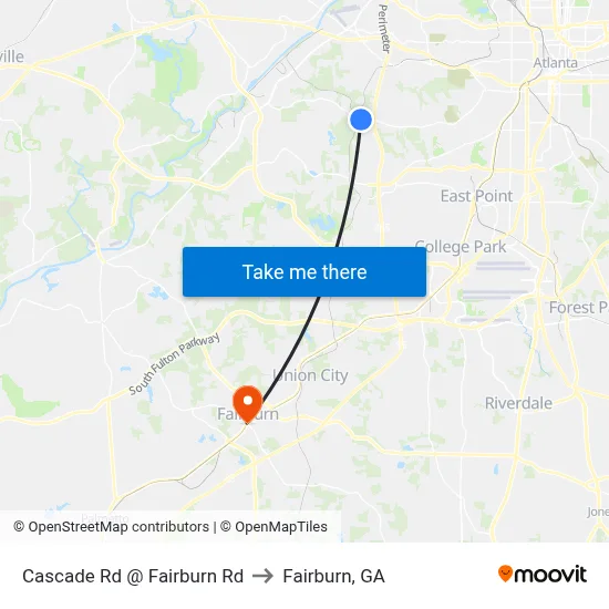 Cascade Rd @ Fairburn Rd to Fairburn, GA map