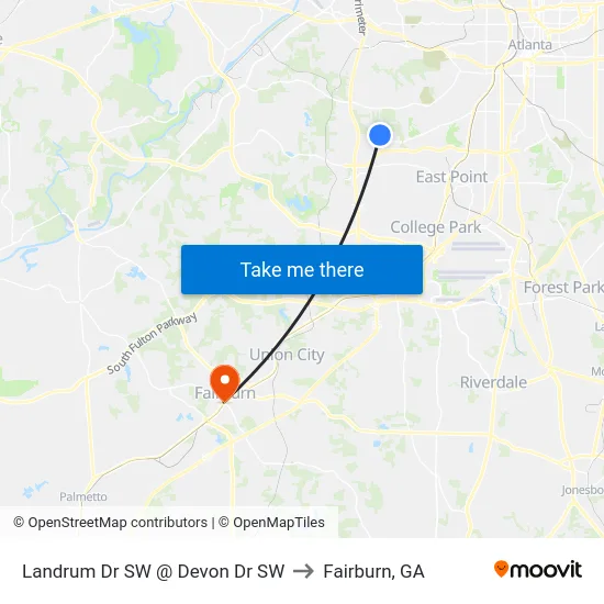 Landrum Dr SW @ Devon Dr SW to Fairburn, GA map