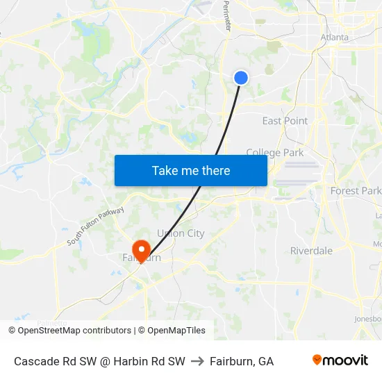 Cascade Rd SW @ Harbin Rd SW to Fairburn, GA map
