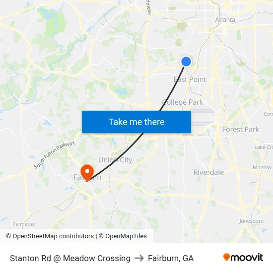 Stanton Rd @ Meadow Crossing to Fairburn, GA map