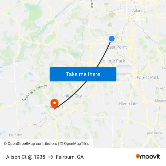 Alison Ct @ 1935 to Fairburn, GA map