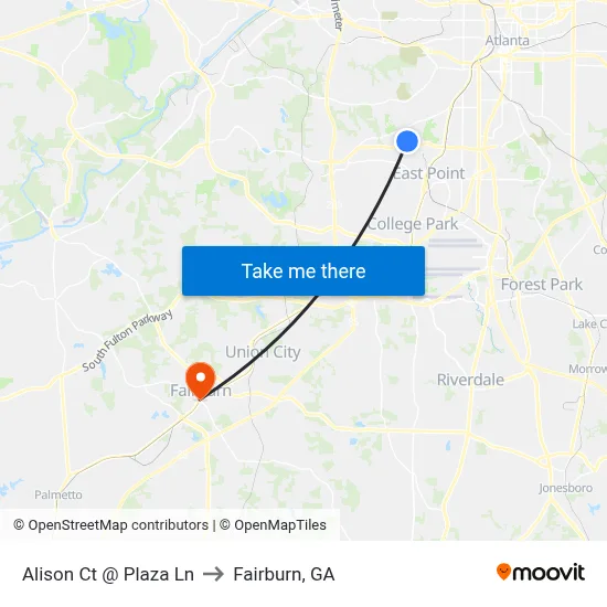 Alison Ct @ Plaza Ln to Fairburn, GA map