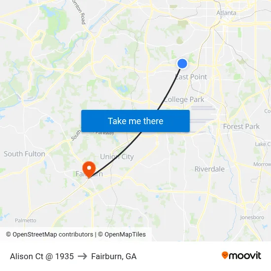 Alison Ct @ 1935 to Fairburn, GA map