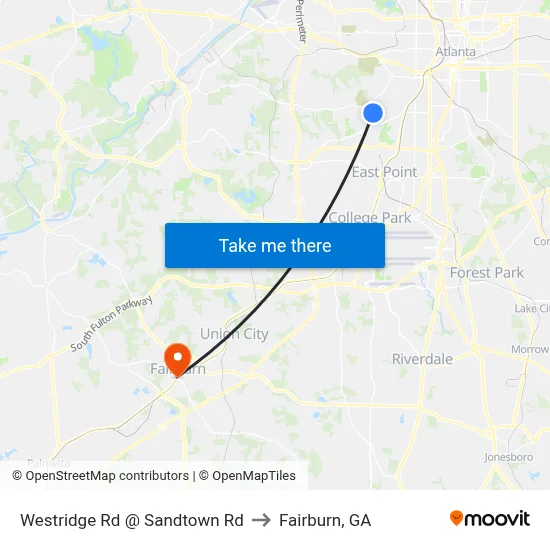 Westridge Rd @ Sandtown Rd to Fairburn, GA map